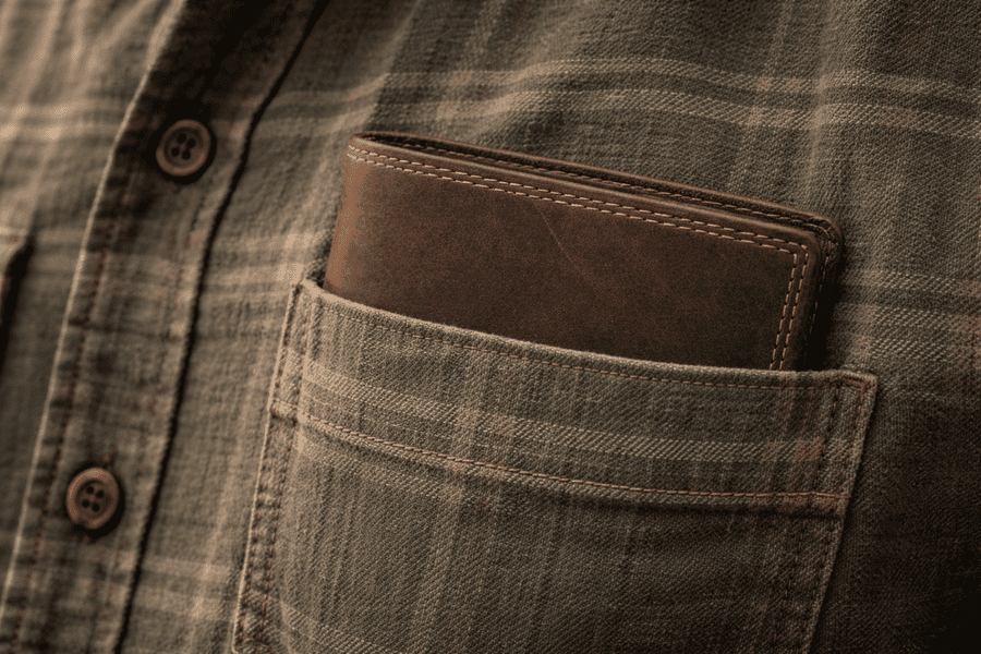 kožená peňaž. bez zap. trčí z vrecka košele mk